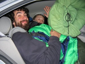 Vadim and I returning from a rock climbing trip with too much gear and not enough room in the car