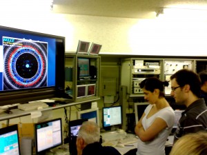 Members from the Munich team, including my grad student Andreas, looking at first events of our background run in the BELLE control room.