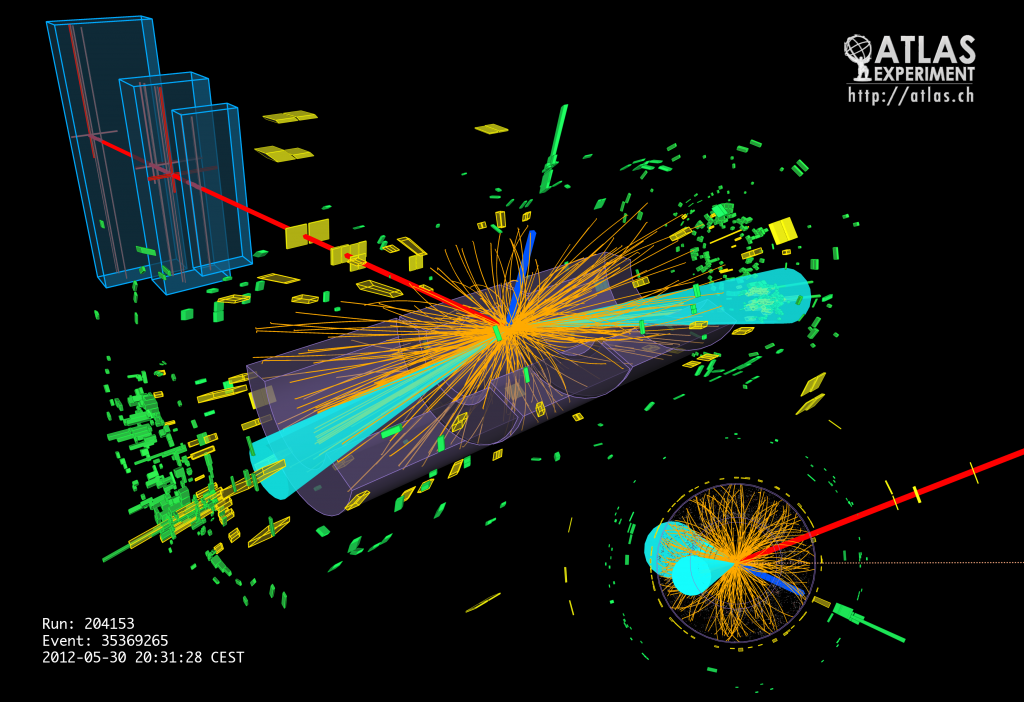Event display of a candidate Higgs boson decaying into a tau lepton and anti-tau lepton in the CMS detector.