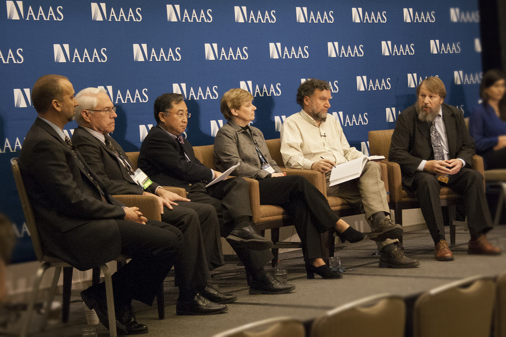 Participants in a symposium and press briefing exploring the latest advances and challenges in particle therapy for cancer at the 2014 AAAS meeting: Eric Colby (U.S. Department of Energy), Jim Deye (National Cancer Institute), Hak Choy (University of Texas Southwestern Medical Center), Kathryn Held (Harvard Medical School and Massachusetts General Hospital), Stephen Peggs (Brookhaven National Laboratory and Stony Brook University), and Ken Peach (Oxford University). (Credit: AAAS)