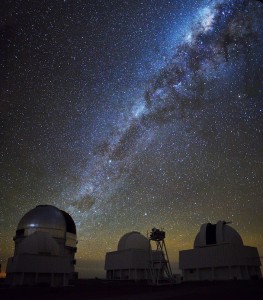 The Milky Way rises over the Cerro Tololo Inter-American Observatory in northern Chile. The Dark Energy Survey operates from the largest telescope at the observatory, the 4-meter Victor M. Blanco Telescope (left). Photo courtesy of Andreas Papadopoulos