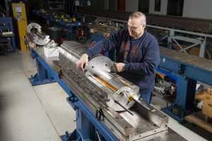 Steve Gould of the Fermilab Technical Division prepares a cold test of a short quadrupole coil. The coil is of the type that would go into the High-Luminosity LHC. Photo: Reidar Hahn